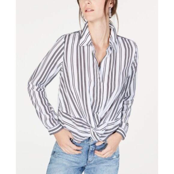 INC Twist Front Button Up Shirt Striped White Black Womens Small - Picture 1 of 13